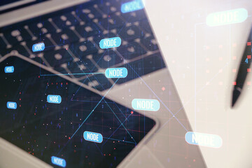 Poster - Multi exposure of abstract creative coding sketch on modern laptop background, artificial intelligence and neural networks concept