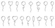 Balloon outline icons with string in line cartoon style. Different shapes for birthday, party, wedding. Black contour of balloons silhouettes. Vector