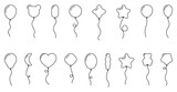 Fototapeta  - Balloon outline icons with string in line cartoon style. Different shapes for birthday, party, wedding. Black contour of balloons silhouettes. Vector