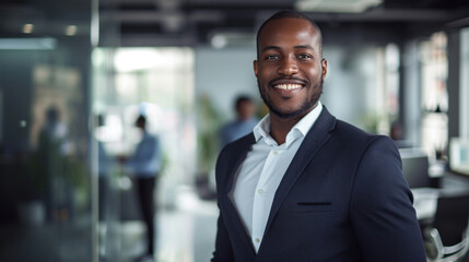 Wall Mural - Portrait of a handsome smiling black businessman boss standing in his modern business company office.