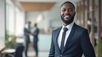 Wall Mural - Portrait of a handsome smiling black businessman boss standing in his modern business company office.