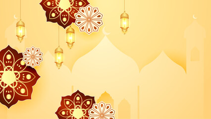 Poster - Red gold and yellow vector luxury and modern ramadan kareem arabic background with mandala ornament. Ramadan luxury golden background