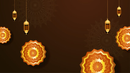 Poster - Gold red and brown vector background for islamic ramadan celebration with mandala ornament. Ramadan luxury golden background