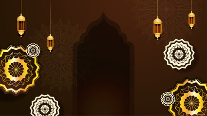 Poster - Gold red and brown ramadan kareem traditional islamic festival religious background with mandala ornament. Ramadan luxury golden background
