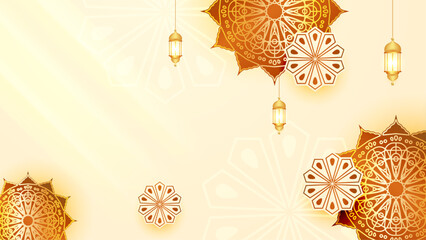 Poster - Beige gold and orange vector background for islamic ramadan celebration with mandala ornament. Ramadan luxury golden background