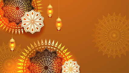 Poster - Orange red and gold vector luxury ramadan background with mandala ornament. Ramadan luxury golden background