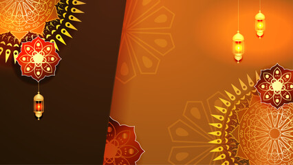 Poster - Orange red and gold ramadan kareem traditional islamic festival religious background with mandala ornament. Ramadan luxury golden background
