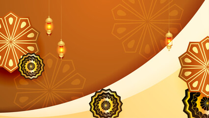 Poster - Orange red and gold vector luxury ramadan background with mandala ornament. Ramadan luxury golden background