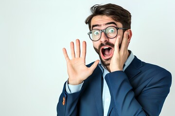 Wall Mural - happy handsome businessman making face with his hand isolated on white background, groovy, energetic, lively expressions and hand gestures. generative AI