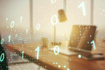 Aufkleber - Creative abstract binary code sketch on modern laptop background, hacking and matrix concept. Multiexposure