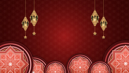 Wall Mural - Red and gold ramadan kareem traditional islamic festival religious background with mandala ornament. Islamic middle east Arabic luxury golden ornament background