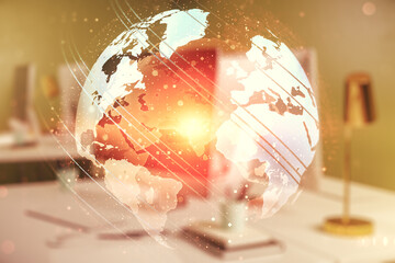 Poster - Multi exposure of abstract graphic world map on computer background, connection and communication concept