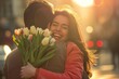 Joyful Embrace with Tulips at Sunset.
Woman hugging partner, holding tulips, sunlit city backdrop.