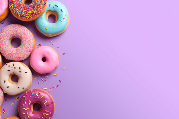 Top view of assorted donuts on purple background