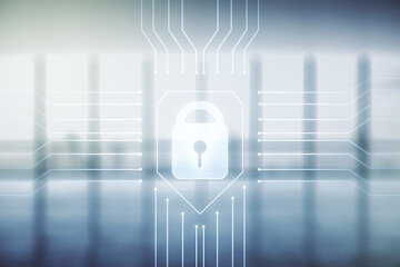 Poster - Virtual creative lock symbol and microcircuit illustration on empty corporate office background. Protection and firewall concept. Multiexposure
