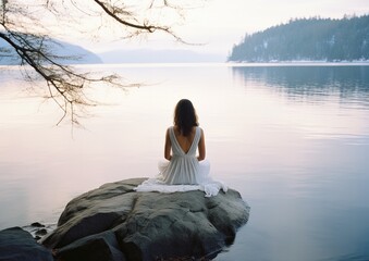 Wall Mural - A woman sitting on a rock in front of a lake. Generative AI.