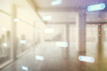 Poster - Abstract virtual coding concept on empty corporate office background. Multiexposure