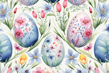 Easter Background With Watercolor Eggs And Flowers, Spring Illustration On White Background