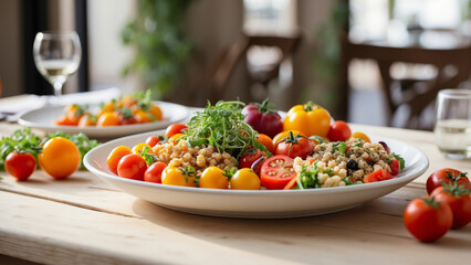 a veg food plate with seasonal produce on a white wooden table in a restaurant background