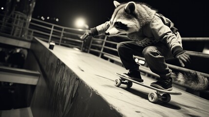 Poster - A raccoon on a skateboard. Generative AI.