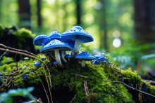 
Photo Of The Strikingly Beautiful Entoloma Hochstetteri, With Its Vibrant Blue Color, In A Lush Green Forest Environment