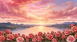 A romantic landscape filled with vibrant red roses, soft pink clouds, and a golden sunset, all set against a backdrop of rolling hills and a sparkling lake.