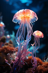 Poster - An artistic depiction of a bioluminescent jellyfish illuminating a portion of the coral reef.