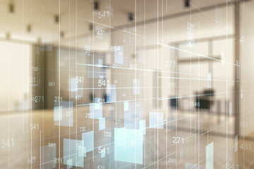 Poster - Multi exposure of creative statistics data hologram on modern corporate office background, stats and analytics concept