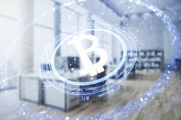 Aufkleber - Virtual Bitcoin hologram on a modern furnished office background. Multiexposure