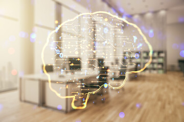 Poster - Virtual creative artificial Intelligence hologram with human brain sketch on a modern furnished office background. Multiexposure