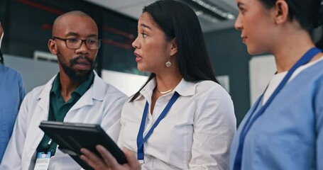 Poster - Discussion, tablet or team of doctors in meeting planning a surgery strategy in collaboration in hospital. Talking, healthcare workers or nurses speaking of online news report, feedback or research