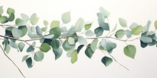 Green Watercolor Eucalyptus Leaves Isolated On White. 