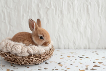 Easter Bunny Rabbit in natural twig nest for product mockup and blank space for POD on vintage brown white terrazzo pattern table in charming rustic rural farmhouse boho style for cute marketing 