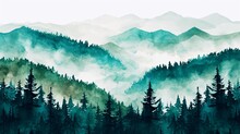 Mist-covered Mountains - Forest Landscape In Watercolor - Painting, Art, Wall Art, Mist, Forest, Trees, Mountain, Silhouettes, Nature, Shades, Wallpaper, Mural