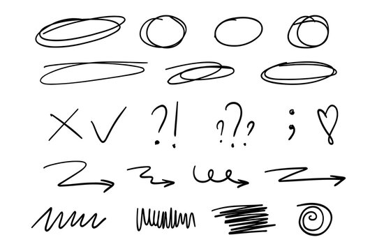 Hand drawn circle and arrow line for highlighting text. Rounds Bubbles Set doodle sketch symbols on a white background. vector illustration graphic design elements