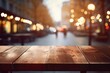 Wooden table in cafe restaurant with bokeh