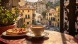 Vacations in Italy. Cup of espresso coffee with pieces of pizza with gorgeous italian street on the backdrop.