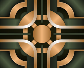 Poster - dark green abstract background with gold shape and shadow. geometric shape overlap layers. modern lu