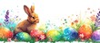 illustration of cute bunny hiding on green grass with colorful easter eggs background