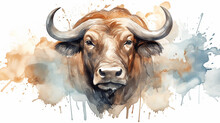 Bull, Watercolor Portrait Of A Buffalo, Spots Of Liquid Paint Isolated On A White Background