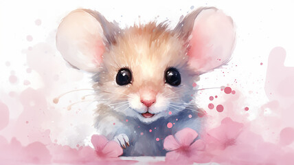 Wall Mural - cute mouse, watercolor illustration on a white background
