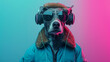 © SachiDesigns - dog standing upright like a human wearing a jacket sunglasses headphones, vibrant fashion attitude