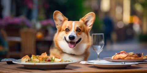 Poster - A dog sits at a table in a summer cafe