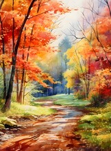 Watercolor Painting Of A Orange Autumn-spring Landscape Trees Jungle Fall Lush Rural Lovely View Eye-catching River In The Forest Dirt Road Village Sketch Forest Trees Summer Plantain Fall
