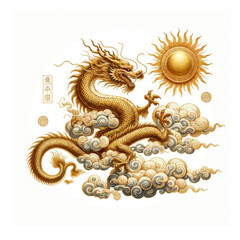 Wall Mural - watercolor illustrations of a mythical gold dragon on a cloud and sun, designed in a traditional chinese style center isolated white background.