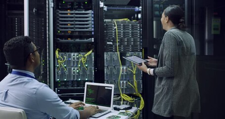 Aufkleber - Server room, computer coding and people high five, teamwork or success for cybersecurity solution. Engineering man and woman with celebration and support for programming software on tablet and laptop