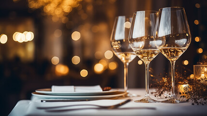 Wall Mural - table setting with glasses on a festive evening, restaurant, christmas luxury table