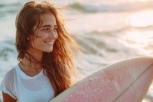 Happy, Young Woman Enjoying A Summer Surfing Adventure At The Beach.