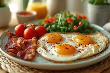 Wall Mural - Healthy breakfast: fried egg, fresh vegetables and bacon. Delicious and nutritious keto dish.