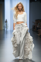 Wall Mural - model walks fashion catwalk runway show, Fashion Week, casual flowing outfit white top free trousers